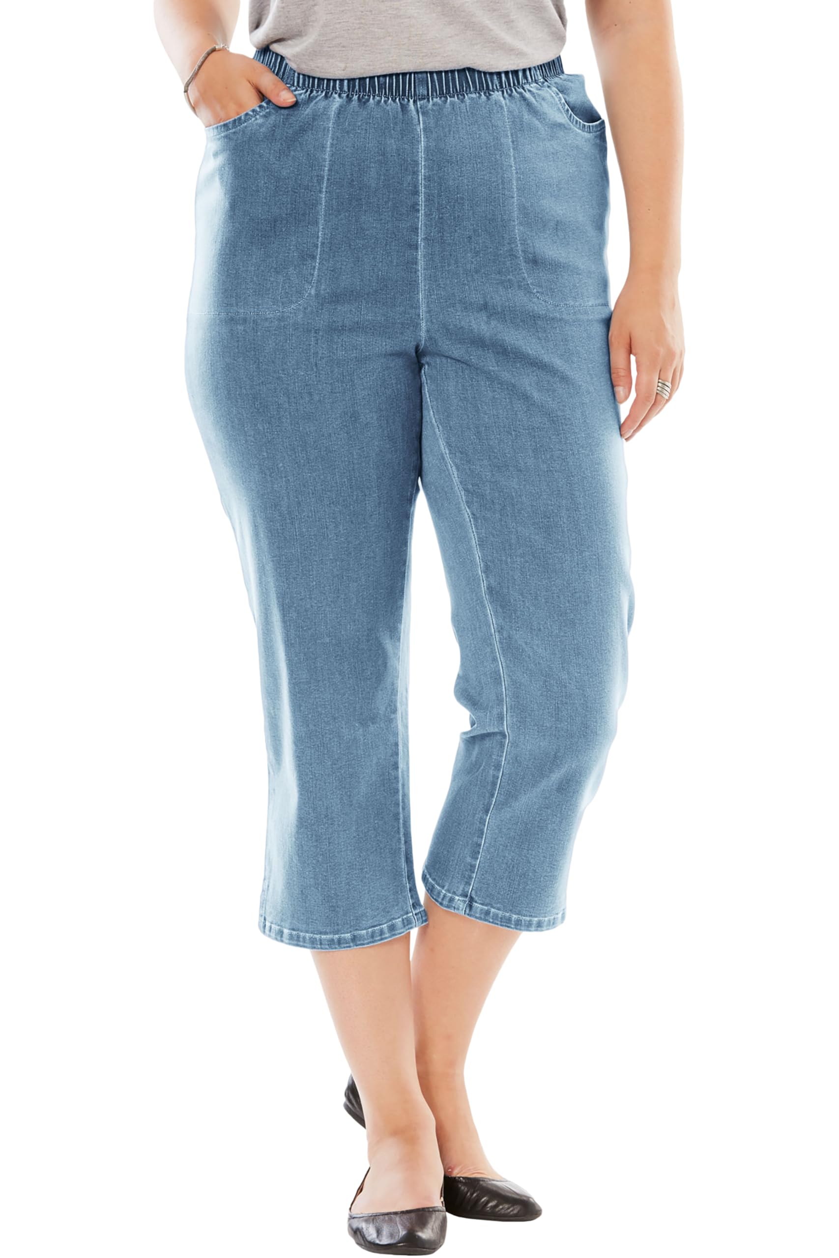Woman Within Plus Size Capri Elastic Waist Stretch Fineline Denim Jean (Petite Available)