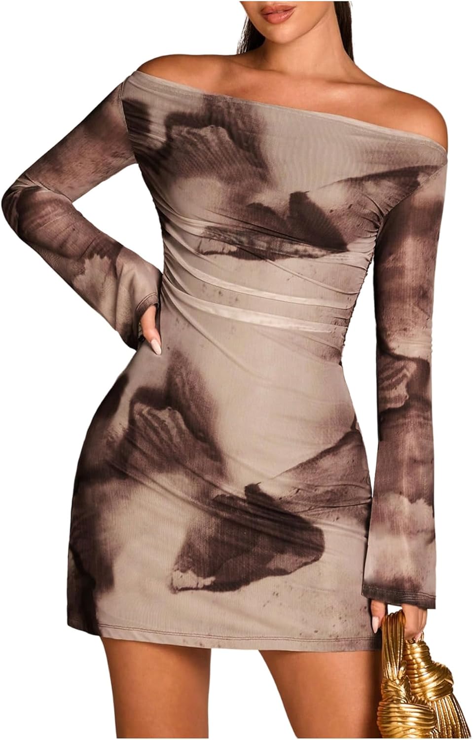 SHENHE Women's Off The Shoulder Mini Dress Long Sleeve Tie Dye Mesh Bodycon Evening Dress