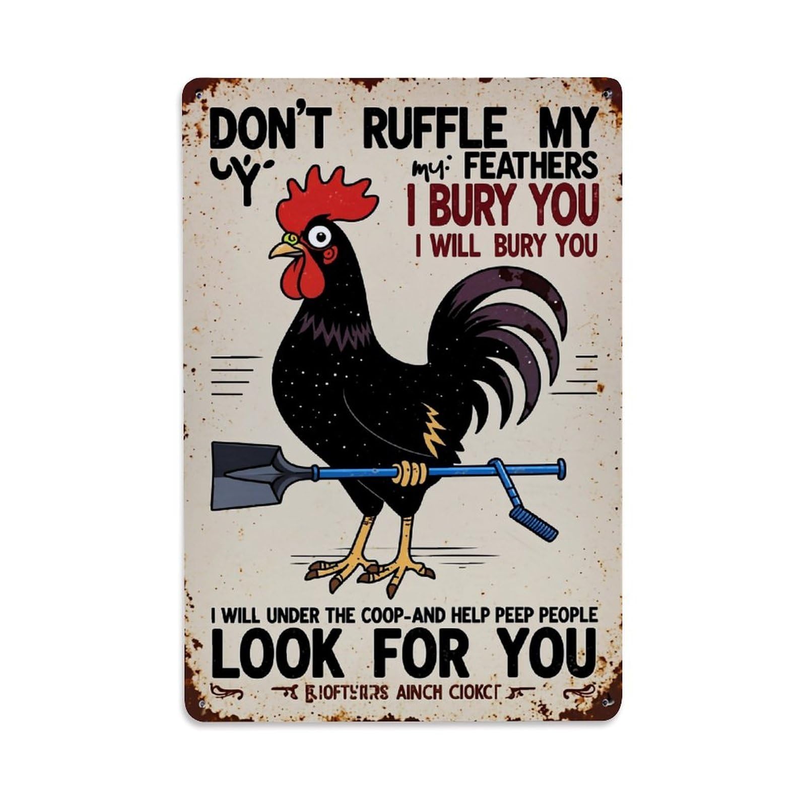 Jdfenggu Vintage Rooster Holding Shovel Funny Sign Retro Metal Tin Sign, Metal Poster For Bar, Home, Man Cave, Kitchen, Laundry Room Art Decor 8X12 Inch