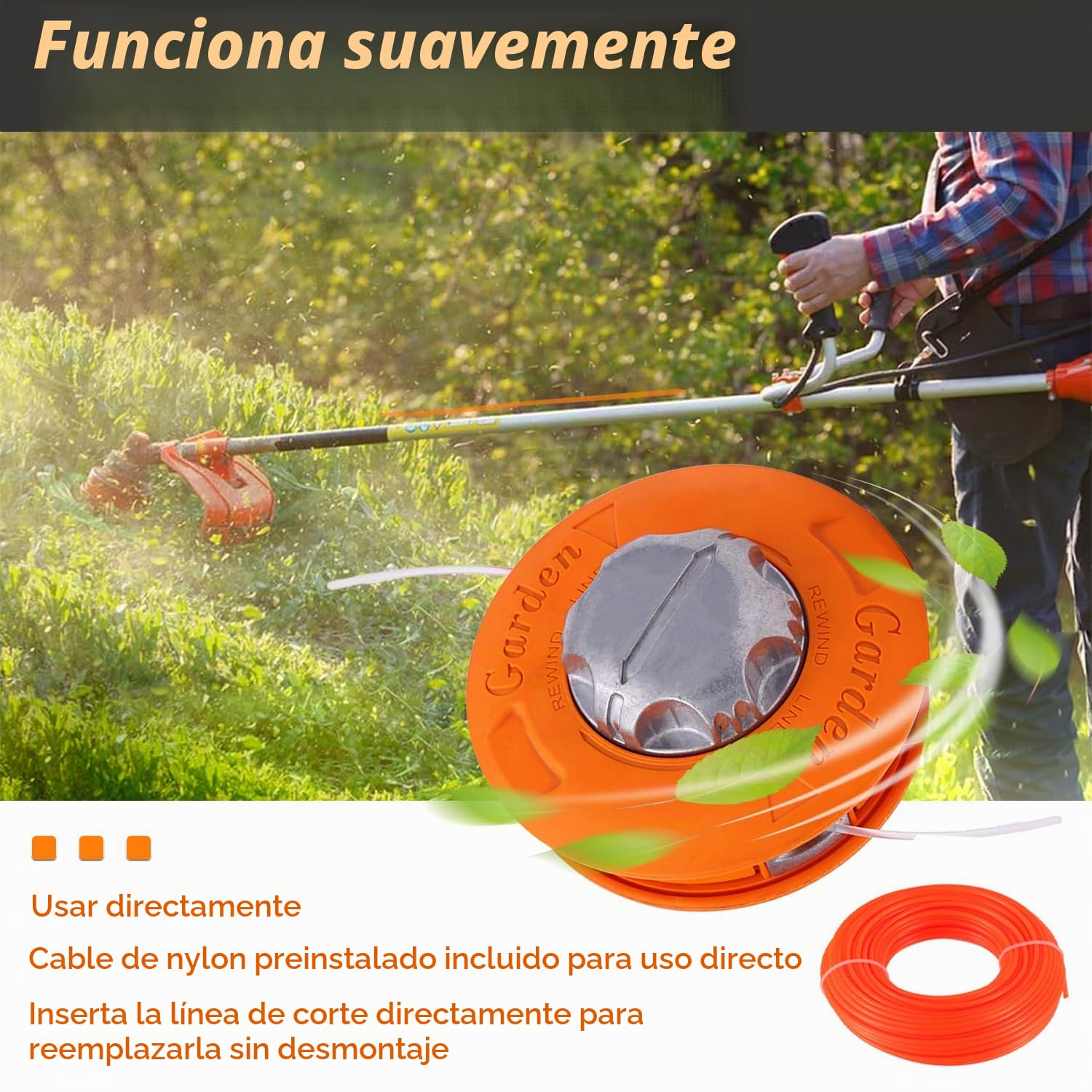 Cabezal de bobina de repuesto M10 x 1,25 mm para desbrozadora, cable izquierdo con hilo de 30 m x 2,4 mm, color naranja