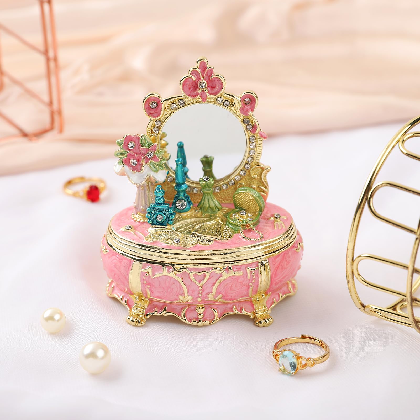 QIFU Elegant Pink Dressing Table Style Enamel Jewelry Trinket Box, Unique Gift for Family