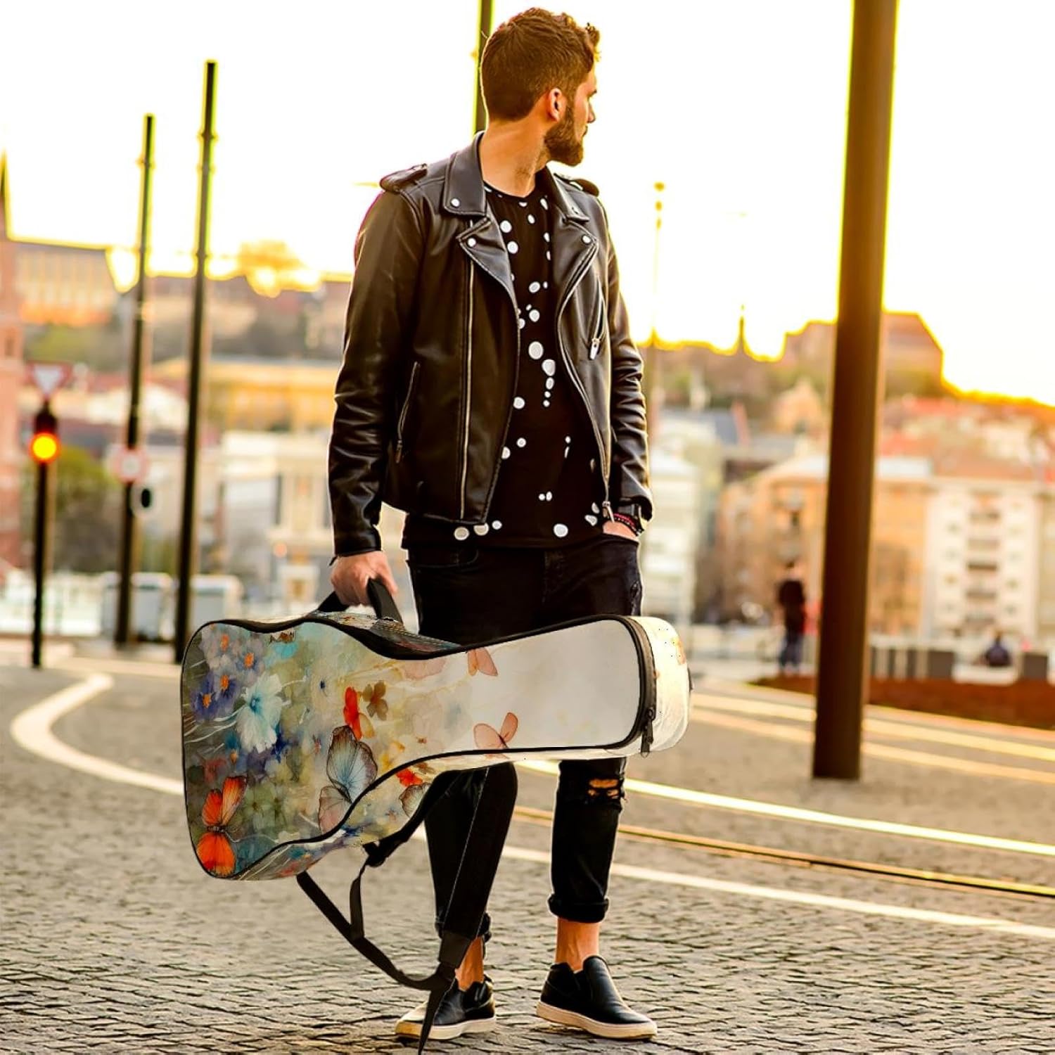 Acoustic Guitar Bag 0.4 Inch Thick Padding Waterproof Guitar Case Gig Bag for 40 41 42 Inch Electric Bass Classical Guitar, Watercolor Colorful Butterflies Vintage Pattern