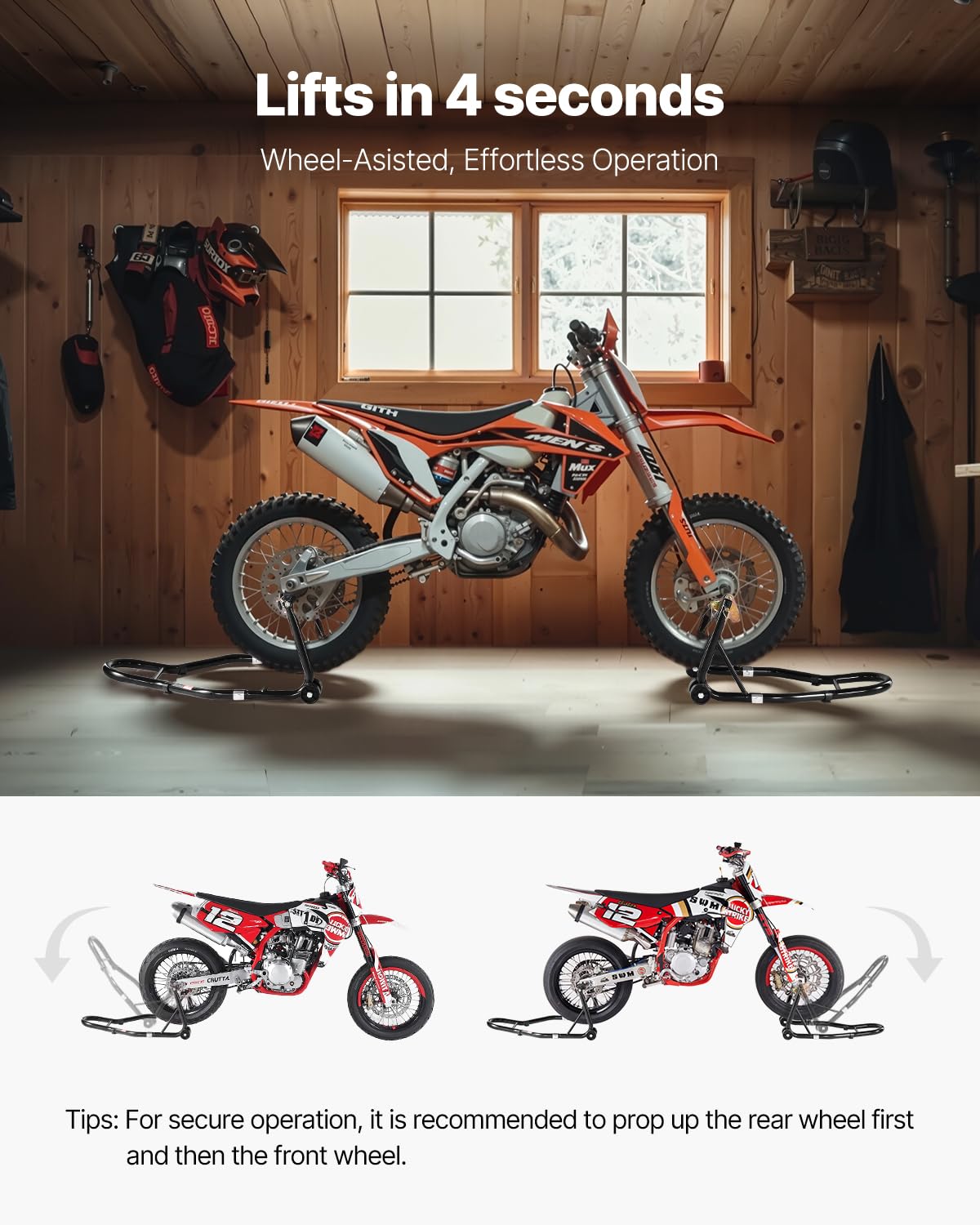 VEVOR Elevador de Caballete para Motocicleta, Capacidad de 500 kg, Soporte de Doble Horquilla para Rueda Delantera, Compatible con Yamaha, Honda y Suzuki, Negro. 770 x 590 x 350 mm