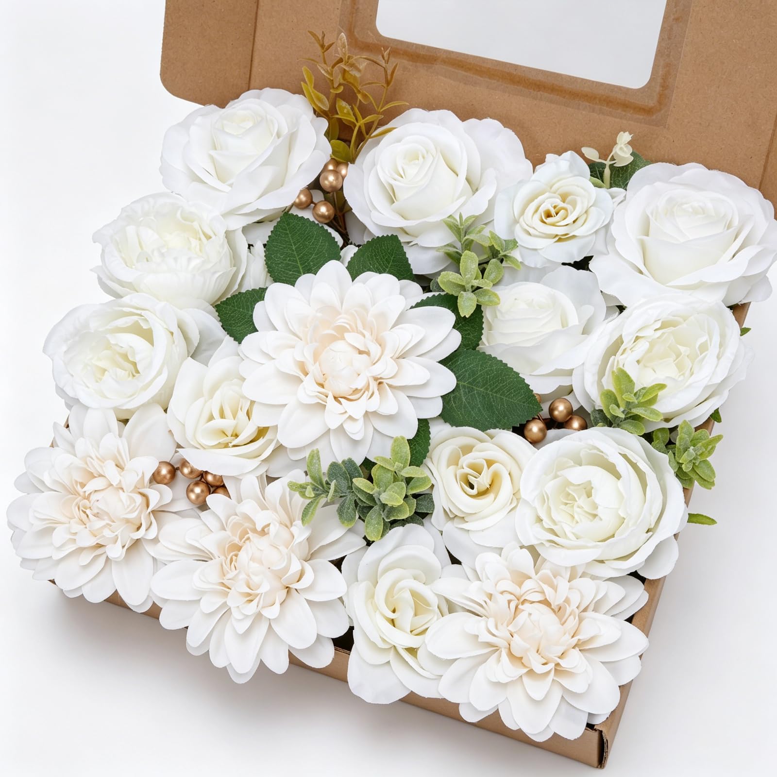 Artificial Flowers Combo Box White Flowers Artificial Roses Peonies Dahlia Silk Fake Flowers Faux Flower Head for Cake Decor DIY Wedding Bouquets Table Centerpieces Baby Shower Birthday Party Home