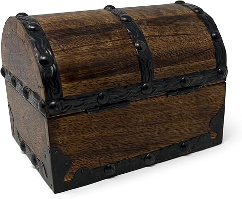 Miniatura 6 de Nautical Cove Cofre del tesoro de madera con acabado envejecido con remaches decorativos y tiras de hierro de refuerzo con cerradura y llaves de