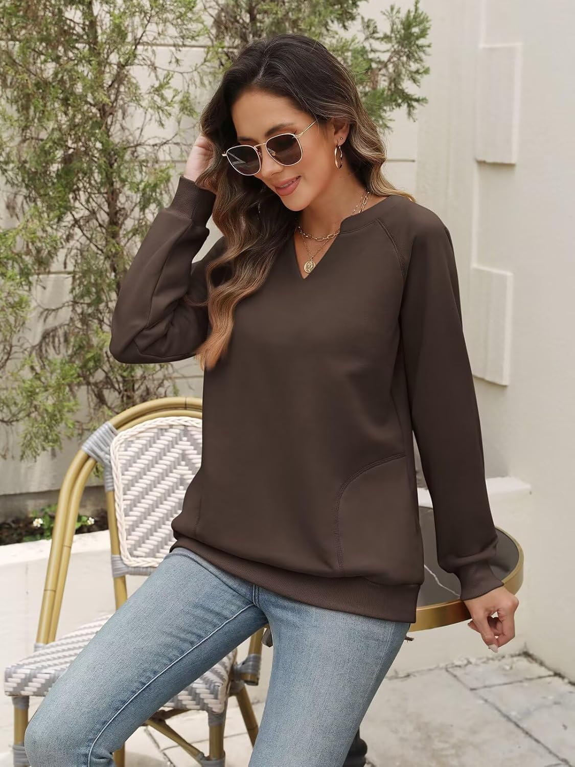 EADINVE Womens Casual Sweatshirts Long Sleeve V Neck Fleece Pullover Side With Pocket Cute Loose Fit Fall Tops 2025 - Image 5