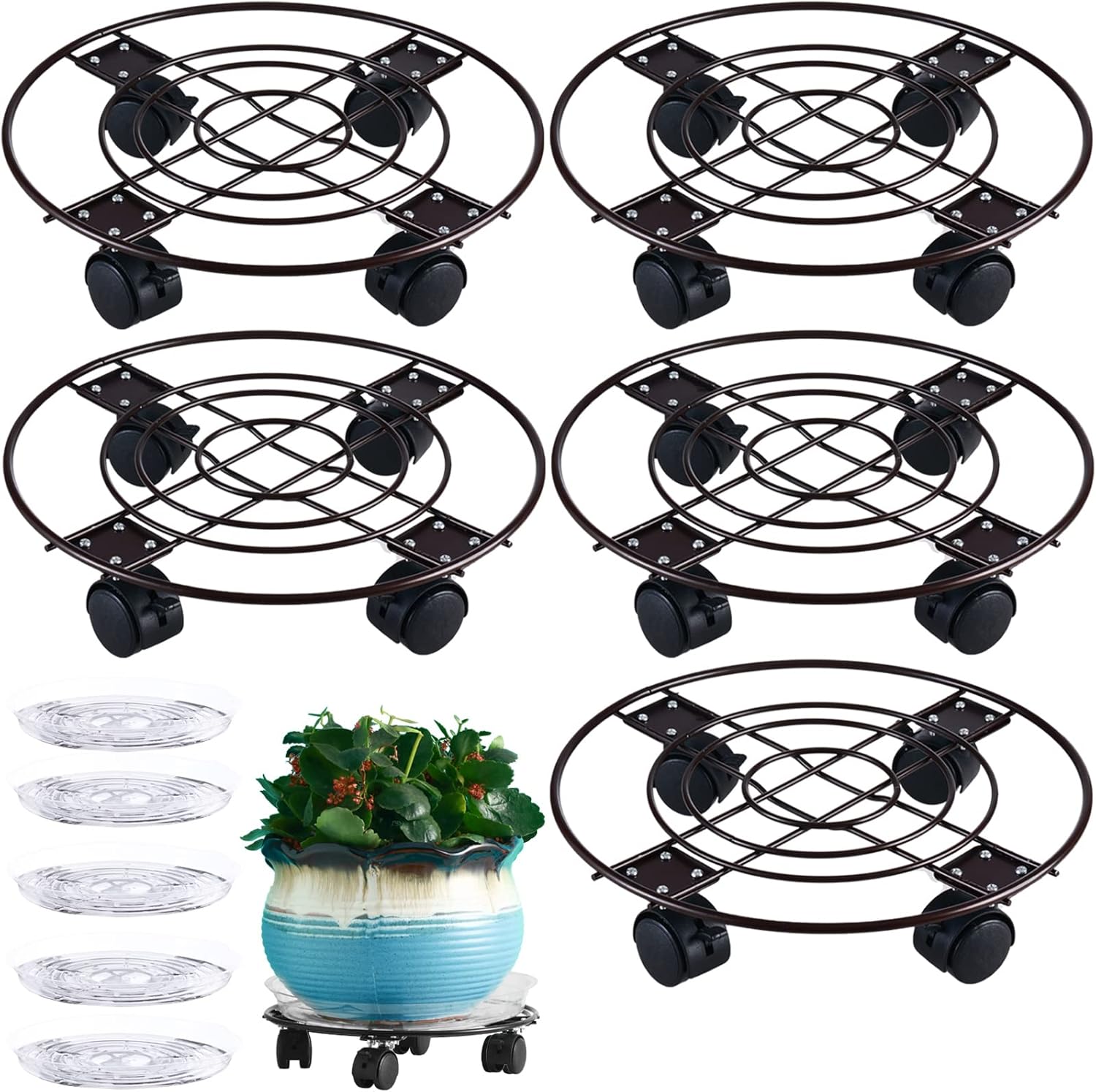 5 Packs Large Metal Plant Caddy 11.8” Plant Dolly with Casters Heavy Duty Wrought Iron Rolling Plant Stand with Wheels for Indoor and Outdoor Plant Pot Roller Base Plant Movers Brown