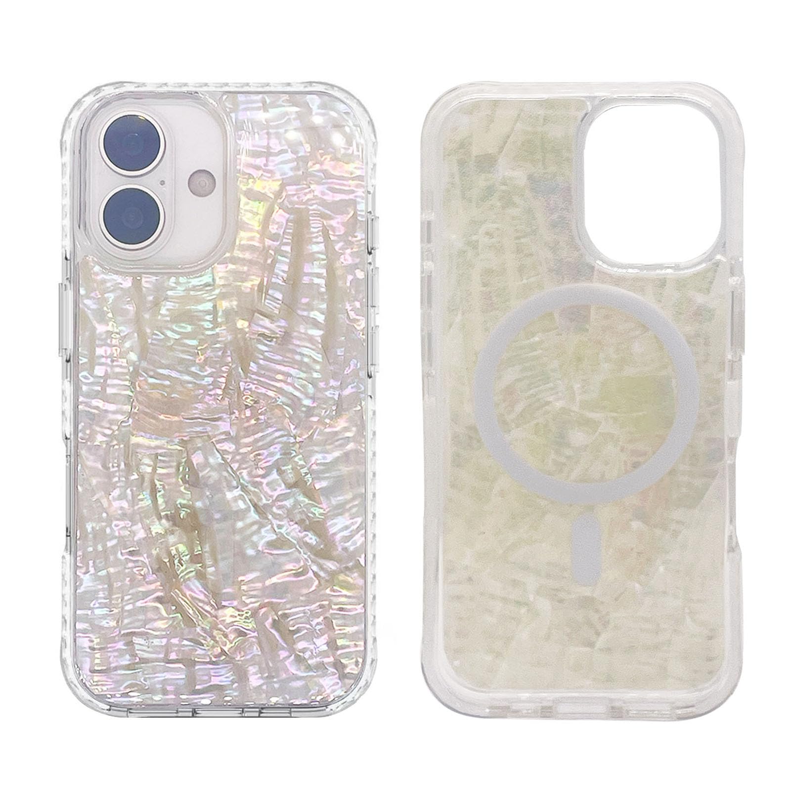 Funda magnética para iPhone 16 de 6.1 pulgadas, compatible con MagSafe Charging Bling Shiny Real Seashell Pattern Protective Cute Cover (perla translúcida iridiscente)