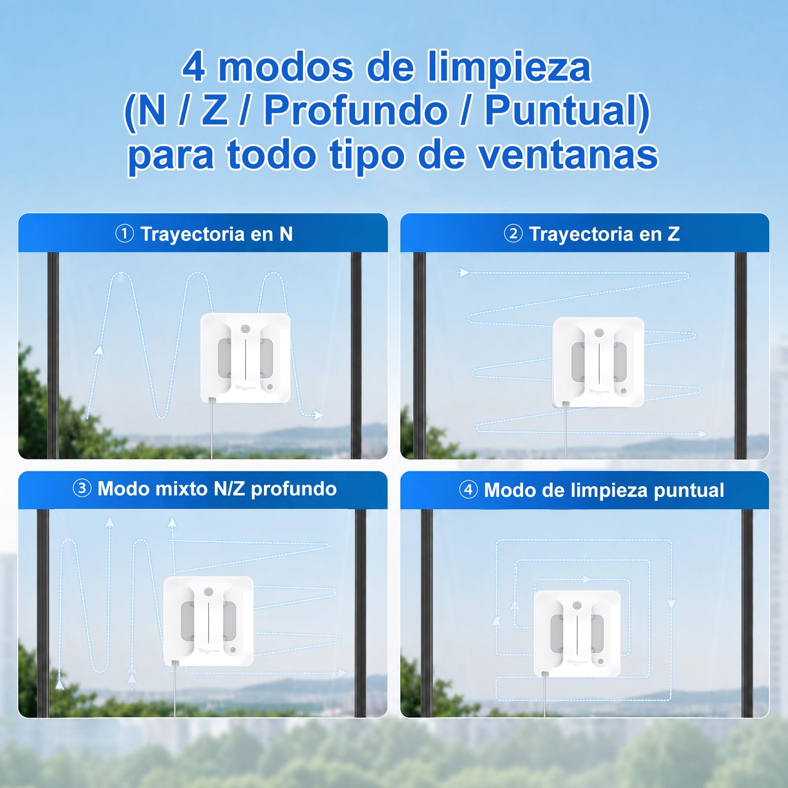 Robot limpiacristales con pulverización automática, App y Mando | 4 boquillas de pulverización · Bomba de agua · 4 modos de limpieza · Control remoto · Adhesión segura