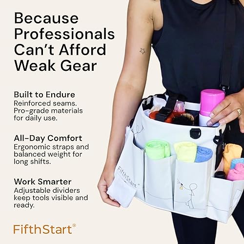 Miniatura 8 de FifthStart Organizador de limpieza multiusos con cintura, correa para el hombro, base de malla y 9 bolsillos, organizador de pañales fácil de