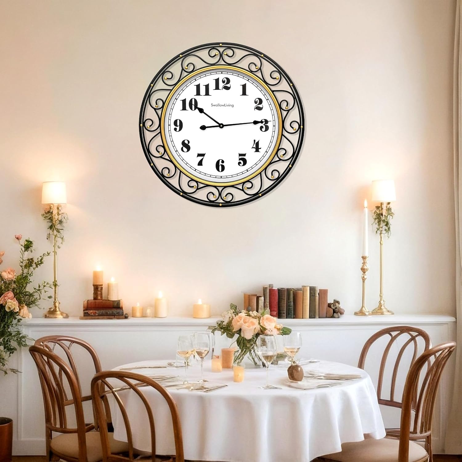 SwallowLiving 30 Inch Vintage Iron Large Black Metal Frame Wall Clock Silent, Battery Operated, Elegant Retro Decor for Living Room, Kitchen, Office, Dining Room, and Bedroom