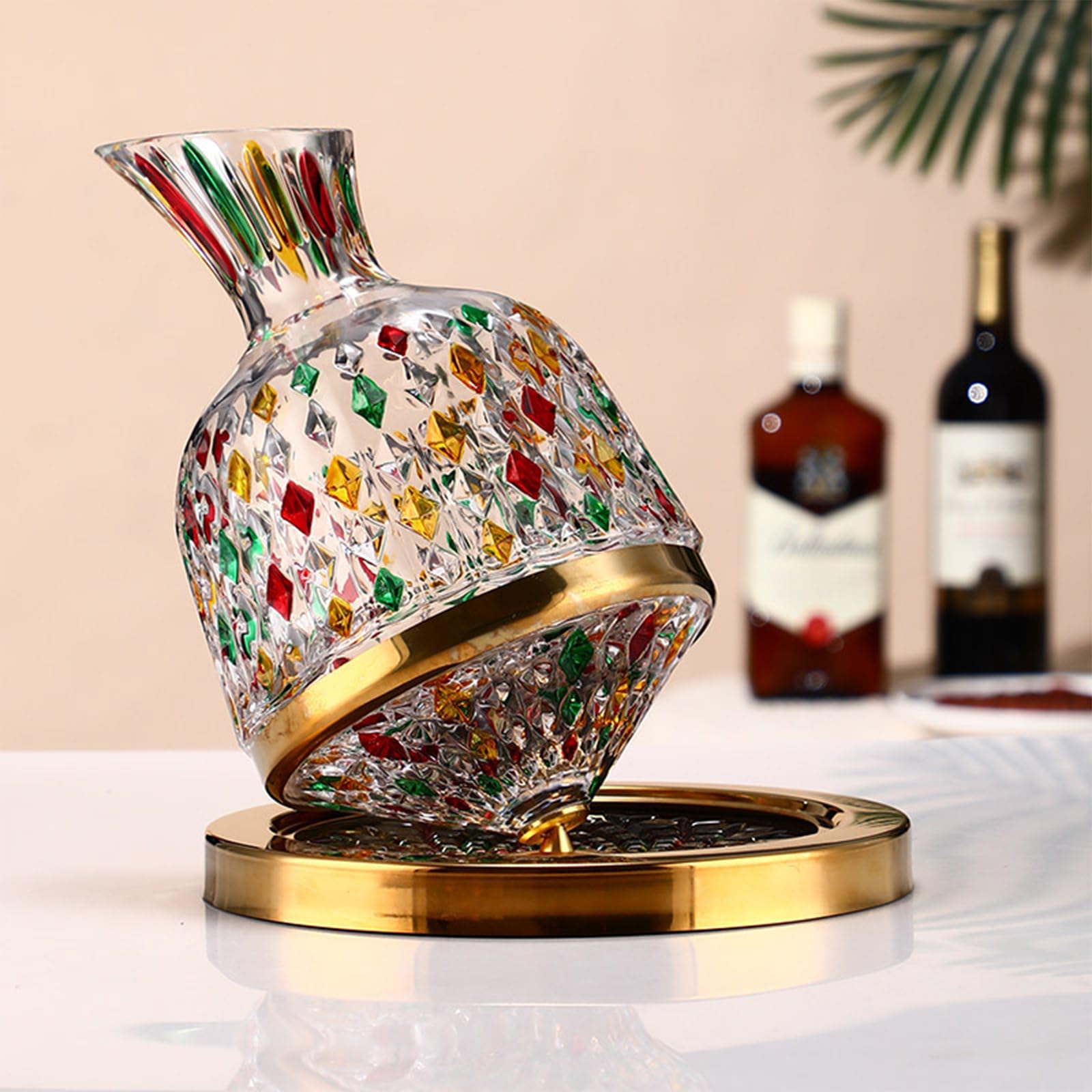 Set decanter per vino girevole con base in metallo e due calici da vino a stelo colorato modello di diamante cristalleria per casa bar pranzo e regalo scopo