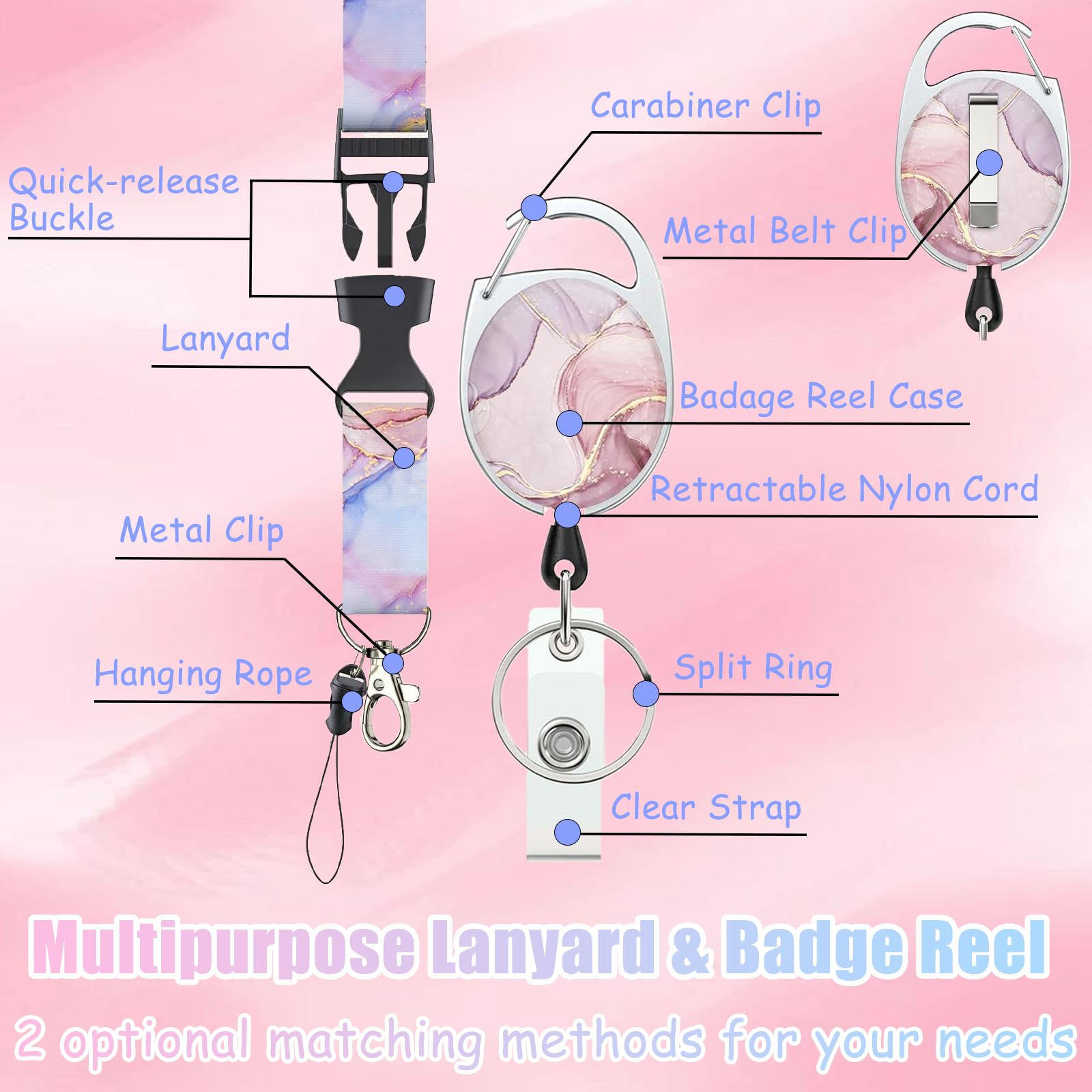 2 Sets ID Badge Holder with Retractable Lanyard - Detachable and Adjustable Design for Worker Nurse, Teacher, Student (Pink, Blue) - Image 2
