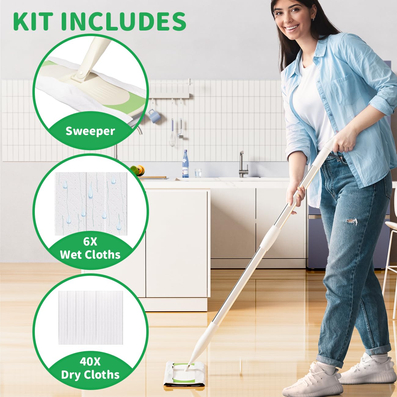 Joy Cruise Sweeper 2-in-1 Trocken- und Nassreinigungsgerät, professionelles Bodenwisch- und Kehrset enthält 1 Kehrmaschine, 40 trockene Wischtücher, 6 feuchte Wischtücher