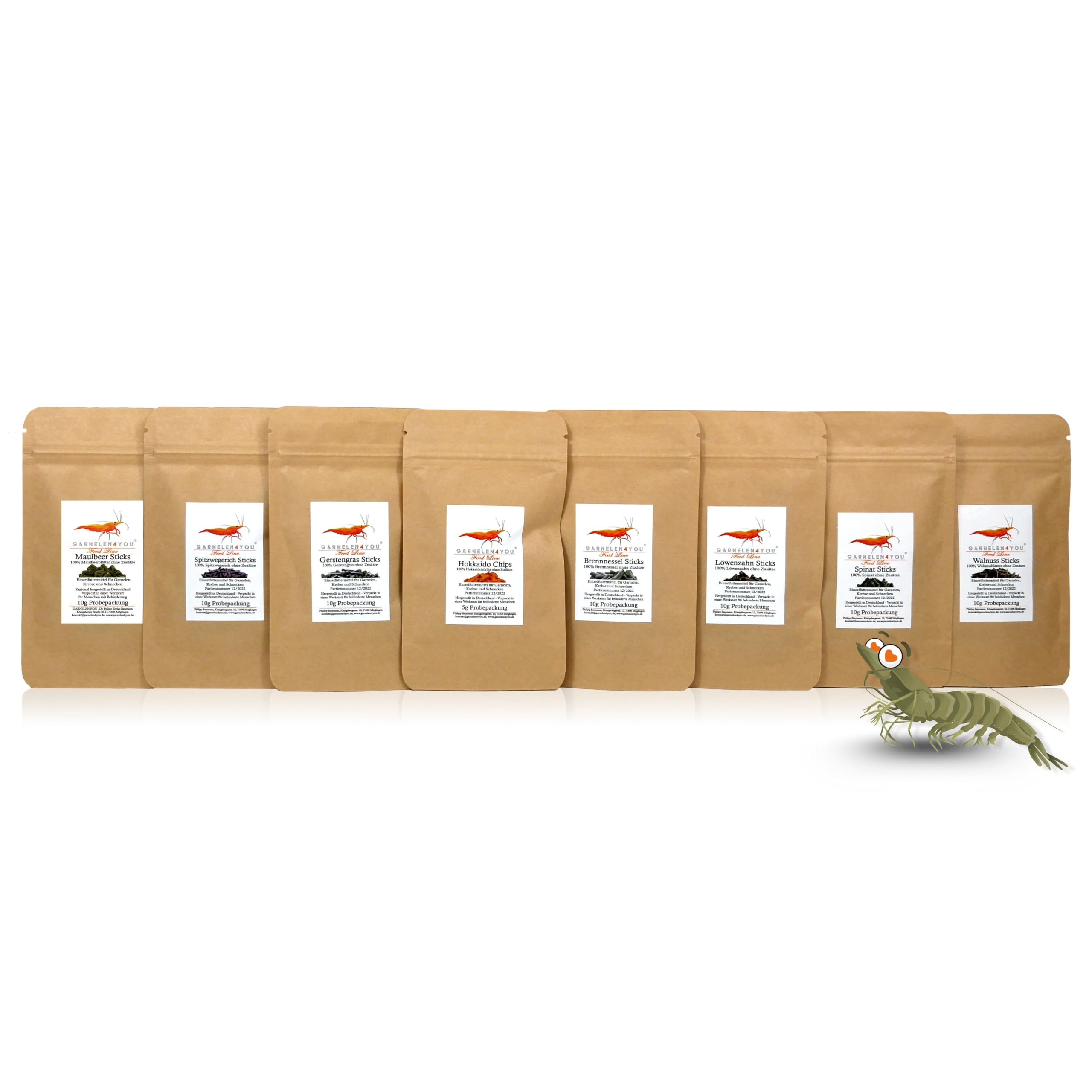 GARNELEN4YOU® FeedLine Samples – Probeset Premium Garnelenfutter – 8 pflanzliche Futtersorten für Garnelen, Krebse & Schnecken – nachhaltige Verpackung – Made in Germany – 75 g