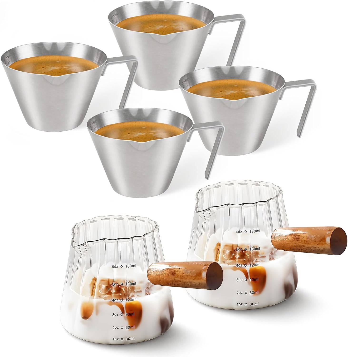 YARRAMATE 4 Pcs Stainless Steel Espresso Cups & 180ML Glass Measuring Cup