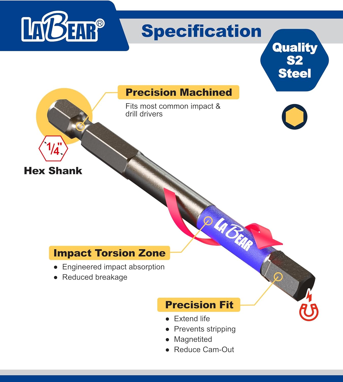 LABEAR-6pc. H5 HEX 3" long, 1/4” Hex-Shank, Impact Driver Drill Bits, Impact Power Bits Set with a Carabiner, S2 Steel, Magnetism
