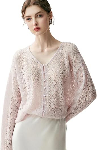 DAISYSILK Silk-Cashmere Blend Thin Knit Cardigan for Women, Lightweight V Neck Cable Knit Sweater with Eyelet Design