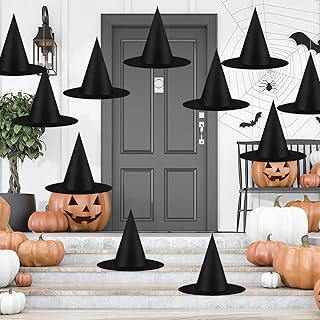 Halloween decorations including witch hats and spooky accessories for creating the perfect Halloween atmosphere at local events