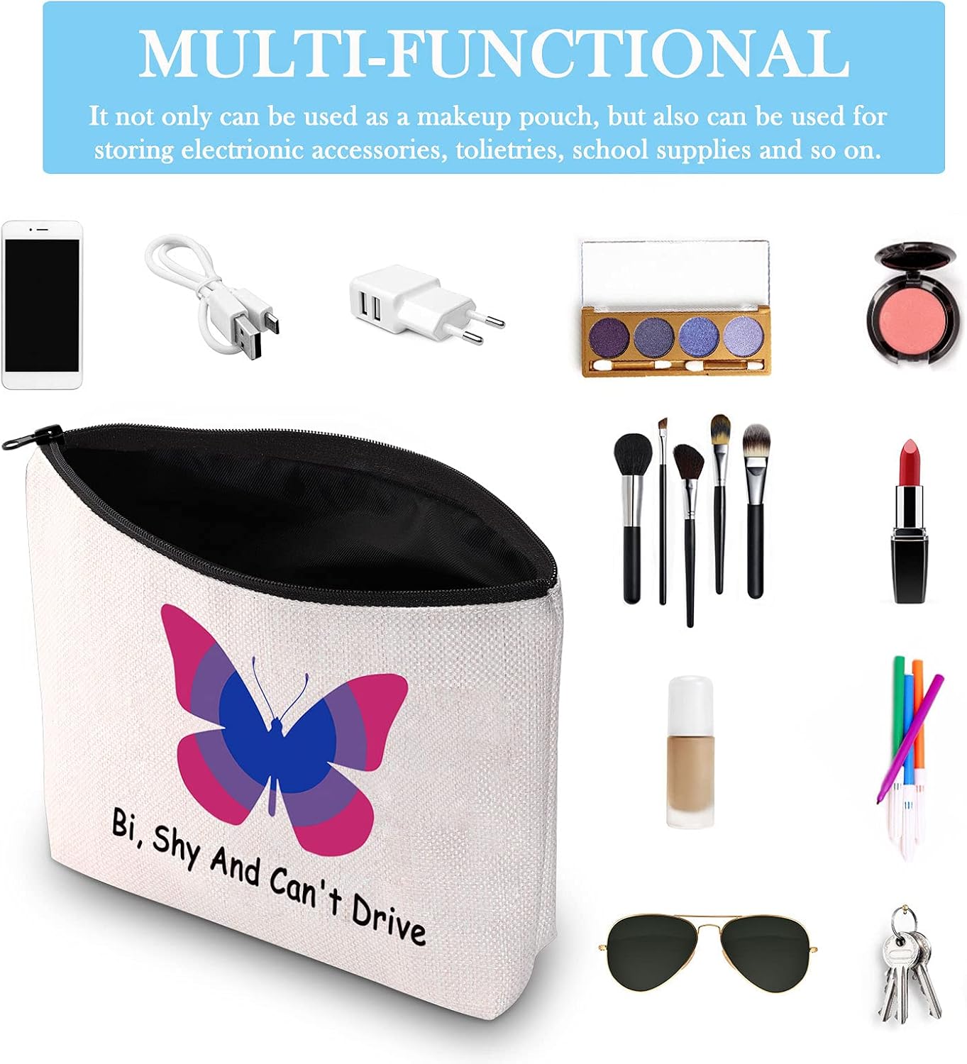 Bi Pride Gift Bisexual Gift Bisexuality Gift Cosmetic Bag Bi Shy and Can’t Drive Pink Purple Blue Butterfly LGBTQ Gift (Bi Shy Makeup EU) - Image 4