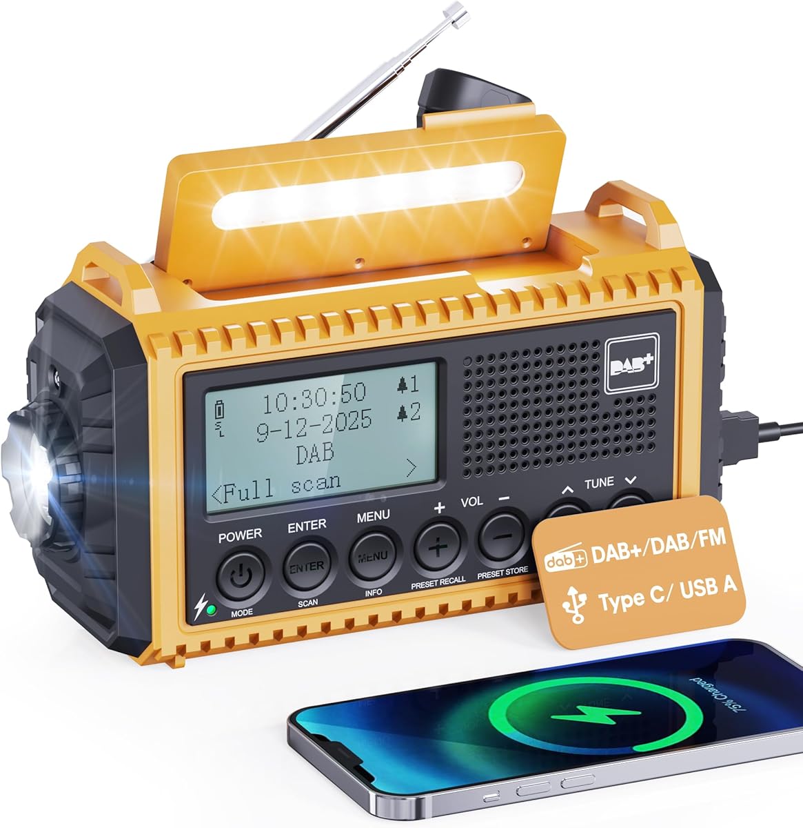 Dab Wind Up Radio, Solar Powered Emergency Radio with SOS Alarm, 5000 mAh Hand Crank Radio with USB Phone Charger, Portable Dab Radio with Flashlight, Headphone Jack and Dual Alarm for Camping