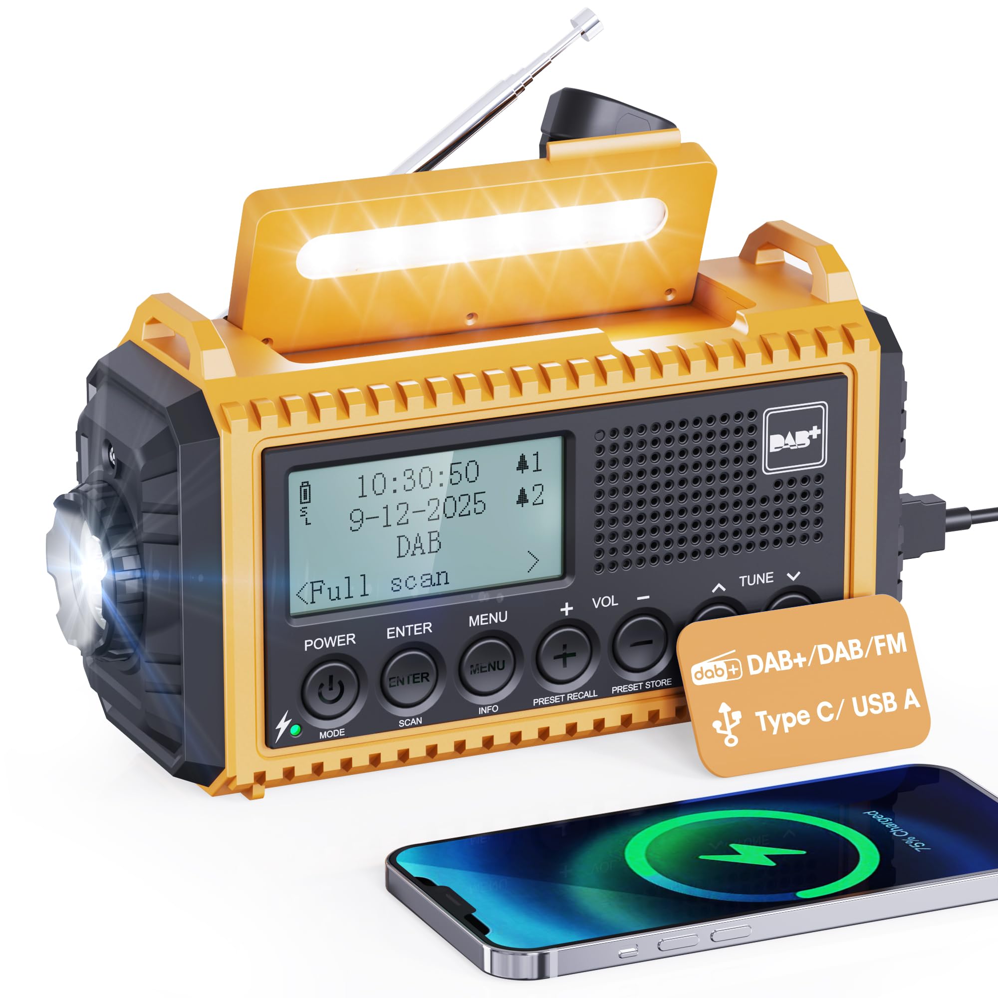 20.000 mAh DAB/DAB /FM draagbare radio, oplaadbaar, 3 oplaadmethoden, 11 en 1 zonne-radio met zwengel met powerbank, Bluetooth 5.3, SOS, zaklamp, kompas, TF-kaart en leeslamp