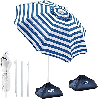 OutdoorMaster Beach Umbrellas for Sand with Sandbag & Anchor, 6.5ft Adjustable Umbrella for Beach Heavy Duty Wind, Portable UPF50+ Sunshade with Carry Bag for Patio