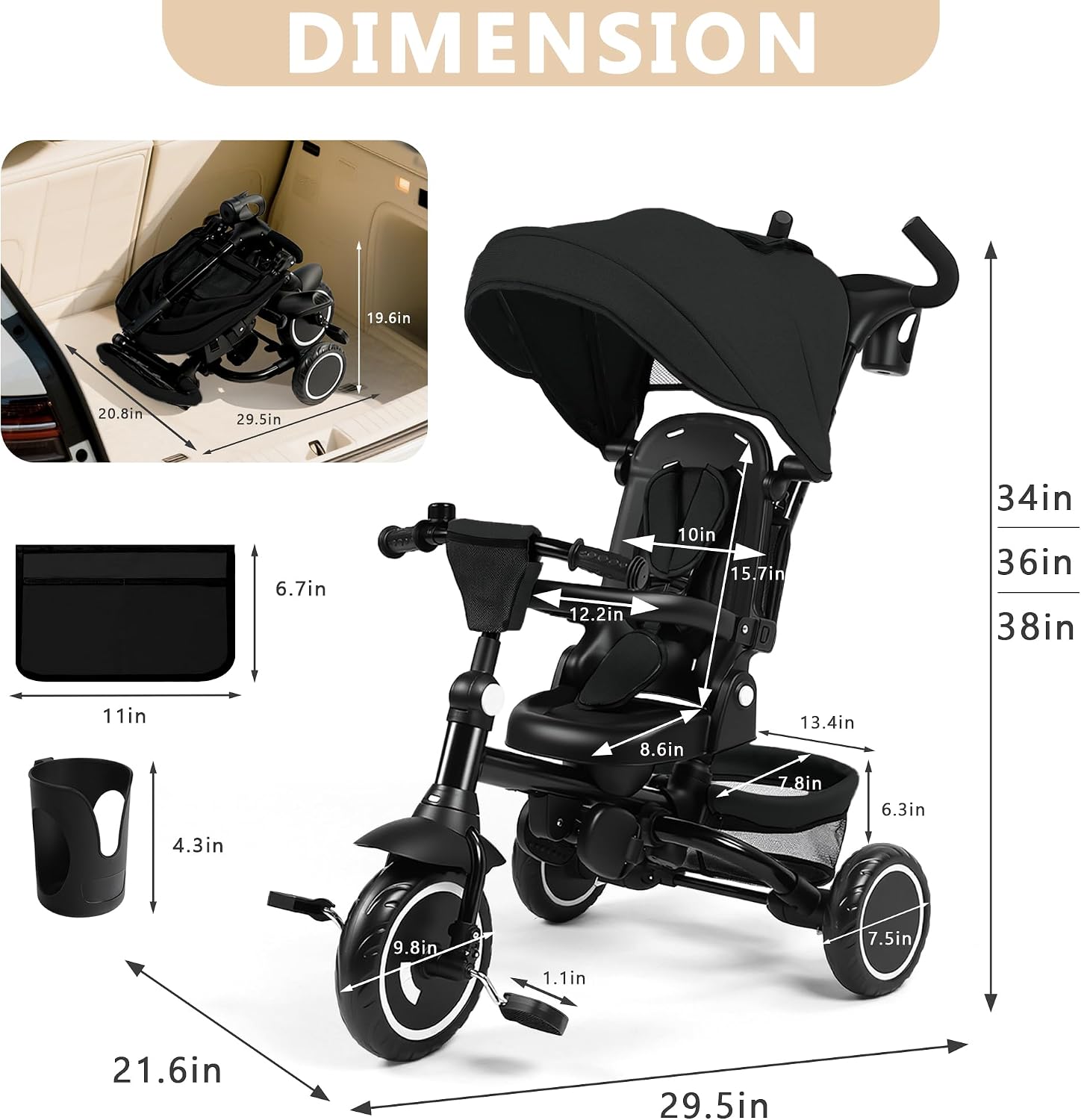 Kinder King Kids Trike Tricycle for Toddlers 1-3, 8 in 1 Folding Toddler Tricycle Bike w/1-Step Brake, Adjustable Push Handle, Rotatable Seat, Adjustable Canopy, Bell, 5-Point Harness, Storage, Black
