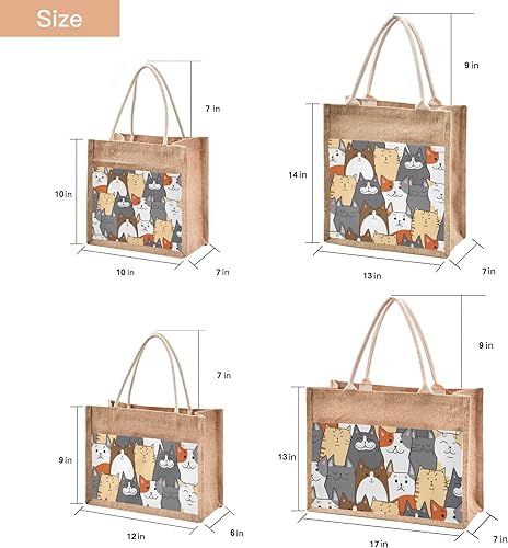 Miniatura 2 de CaTaKu Divertidas bolsas de yute con asas y cremallera para gatos, bolsas de arpillera reutilizables con bolsillo frontal de lona, bolsas de regalo