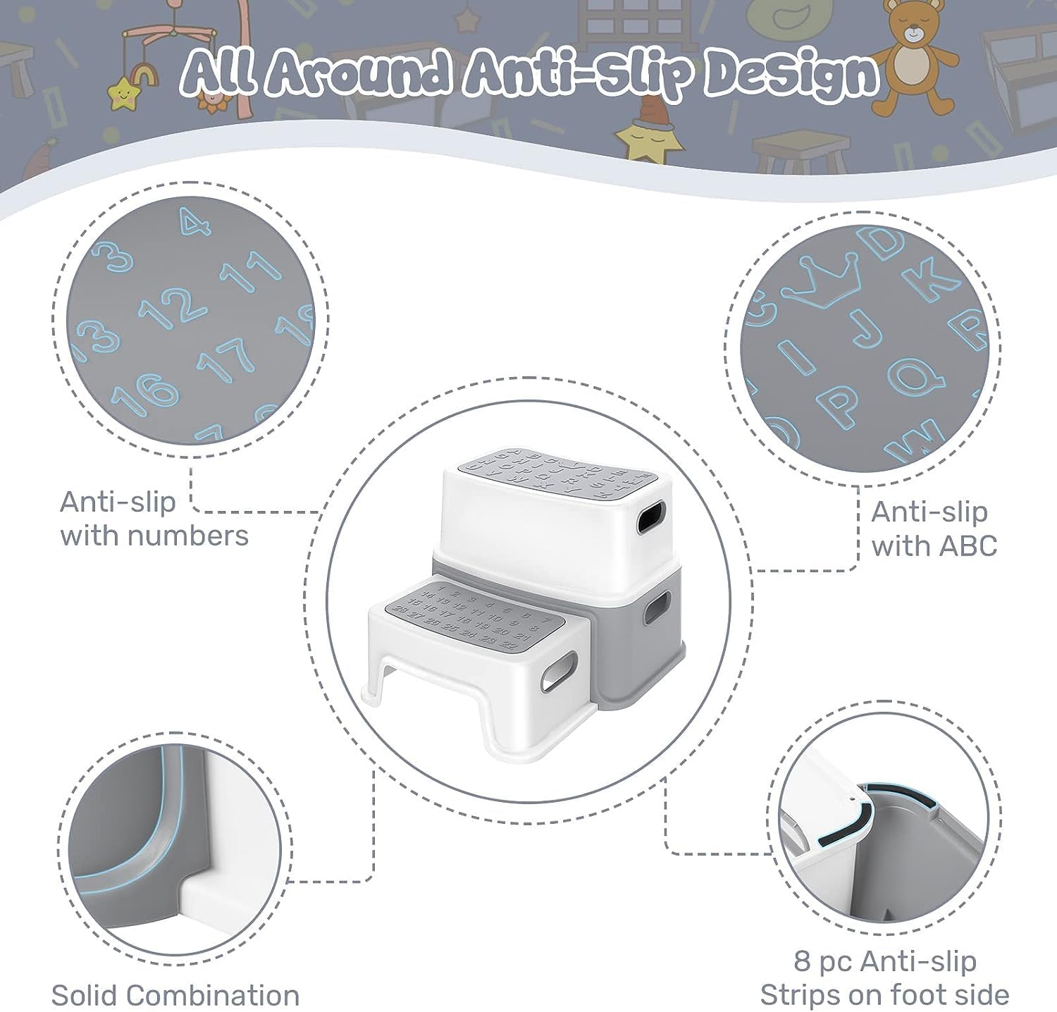 GAOMON 2 Step Stools for Kids, Anti-Slip Toddler Step Stool for Bathroom Sink, Two Step Stool for Toddlers Toilet Potty Training, Toddler Stool for Kitchen Counter Bedroom, Grey