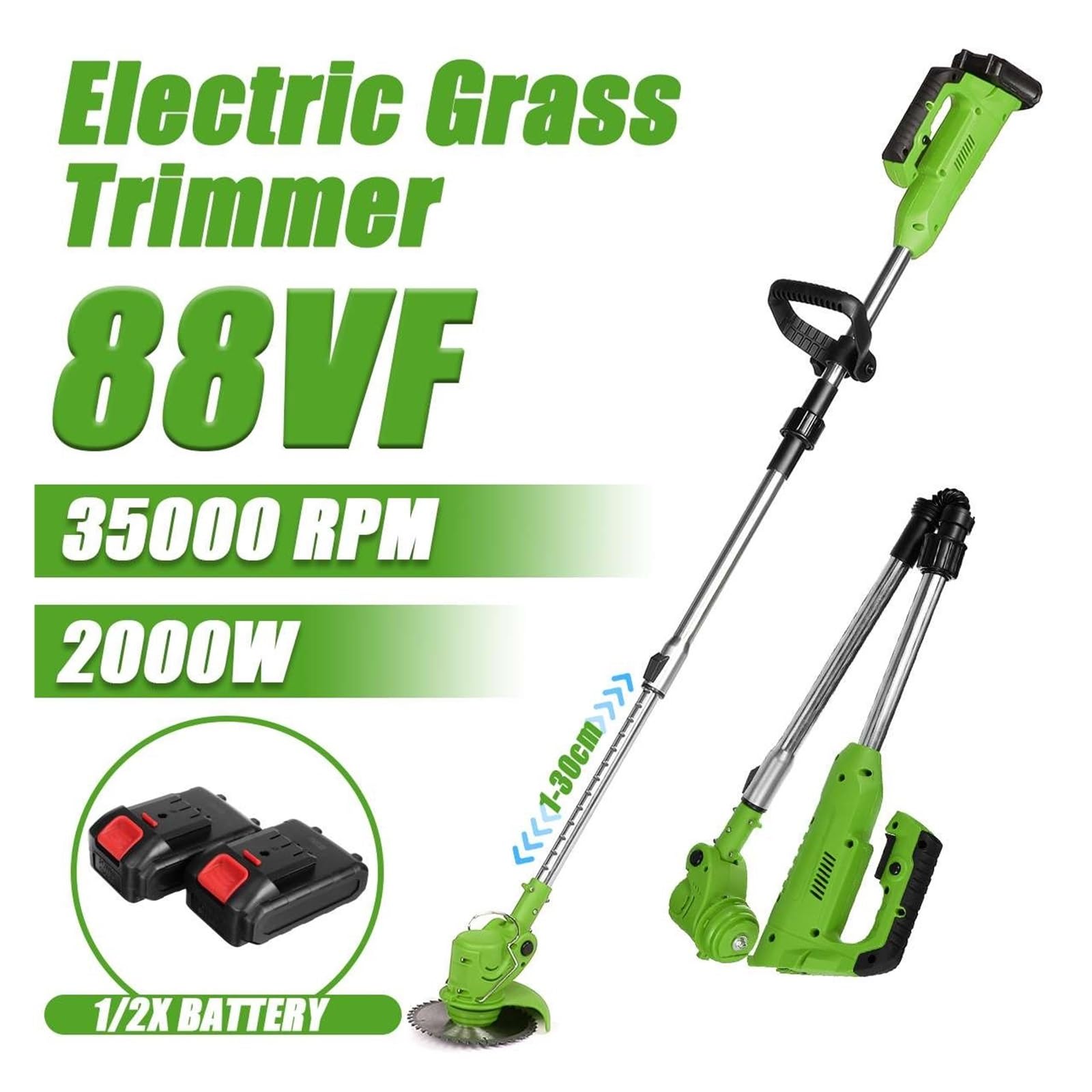 Cortacésped eléctrico inalámbrico de 35000RPM, 2000W, 88VF, cortacésped, Cepillo for Malas Hierbas, Cortador Ajustable de Longitud Plegable for jardín(Groen)