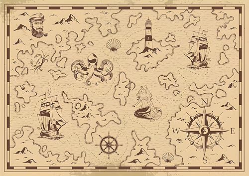 Floral Nautical Rug - 5x7 Rug, 70s Retro Brown Vintage World Map Area Rug for Adults Teens Kids, Earth Old Map Rugs, Non-Slip Washable Rugs for