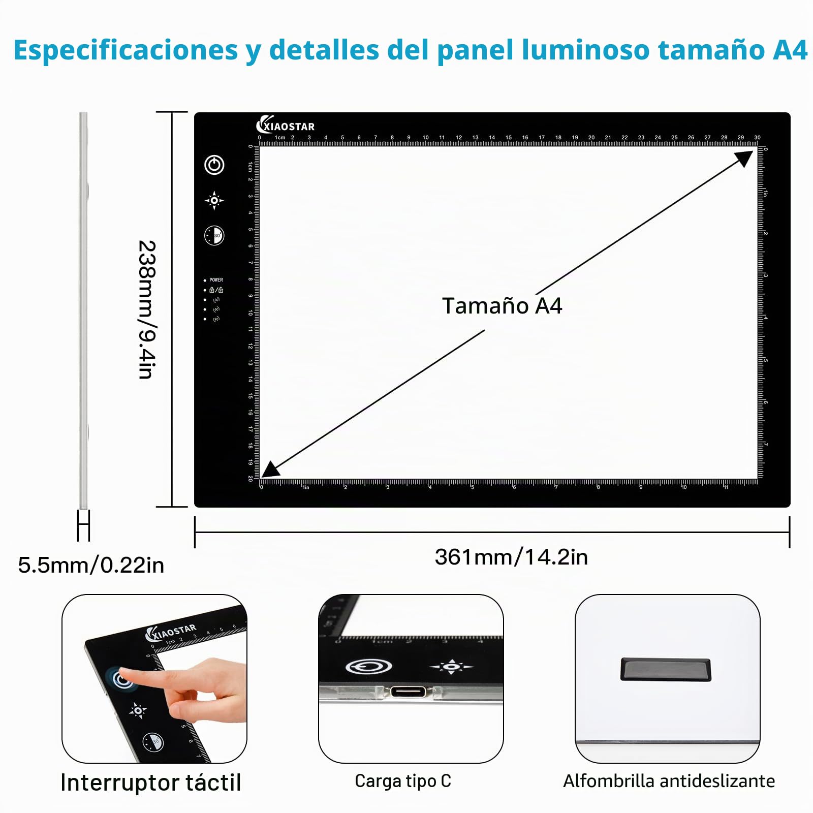 Mesa Luminosa LED A4, Trazado Inteligente Con Pantalla De Bloqueo Ajuste De Tiempo, Brillo Temperatura De Color Ajustables, Para Artistas, Dibujo Animado, Bocetos (A4-STK)