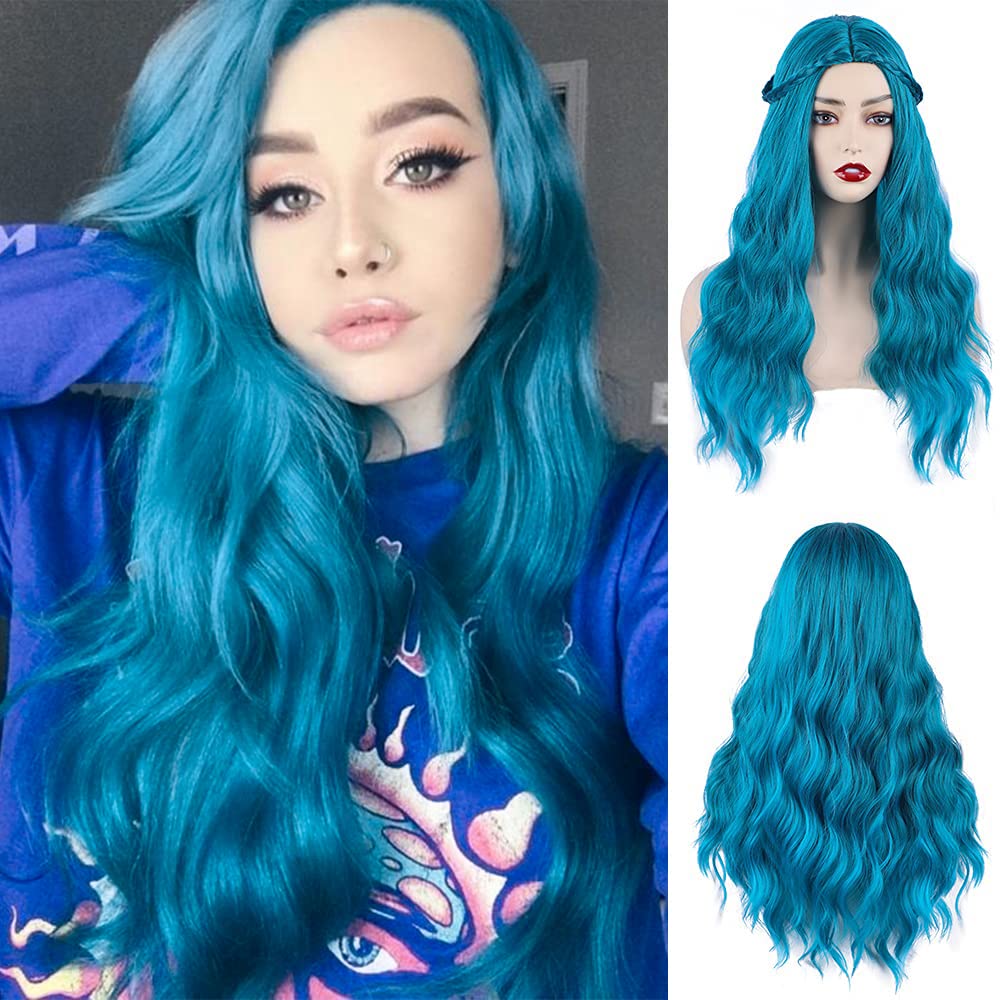 AISI BEAUTY Mix Blue Wig for Women Long Curly Wig Blue