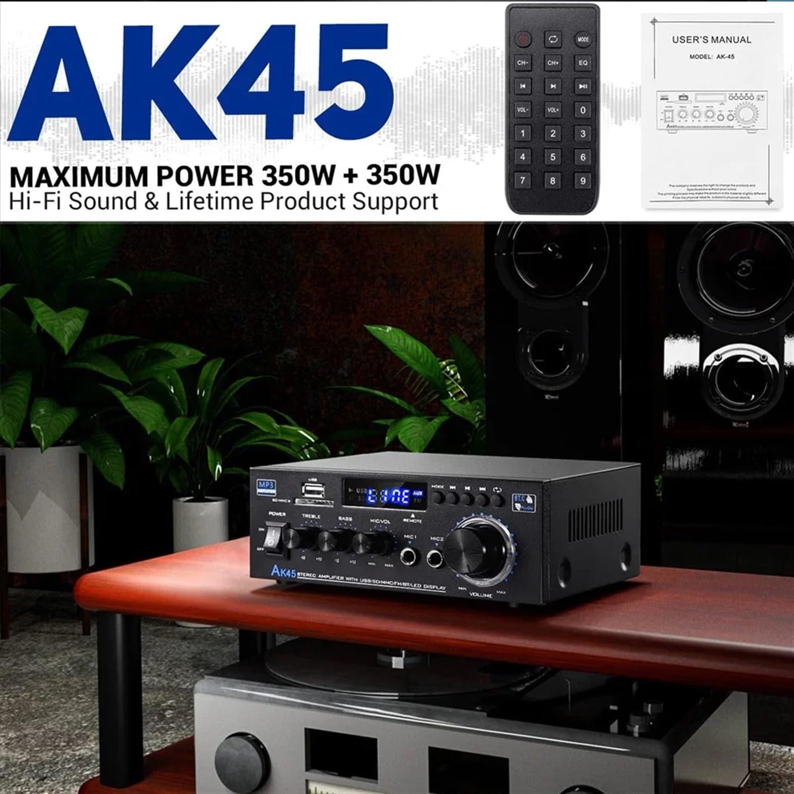 Amplificador, Amplificador DE Potencia AK45 Estéreo HiFi 2,0 Canales Máx. 90Wx2 para Audio De Coche Cine En Casa Alta Eficiencia,para el hogar