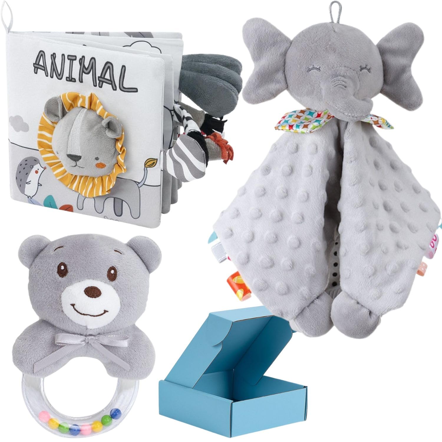 3 PCS Set Regalo Bebé Recién Nacido Niño y Niña, Manta Doudou Bebé y Peluche + Libro Bebé Sensorial Texturas Blando + Sonajero Bebé, Regalo Bebé Recién Nacido 0 6 12 Meses Original (Pack 3 Productos)