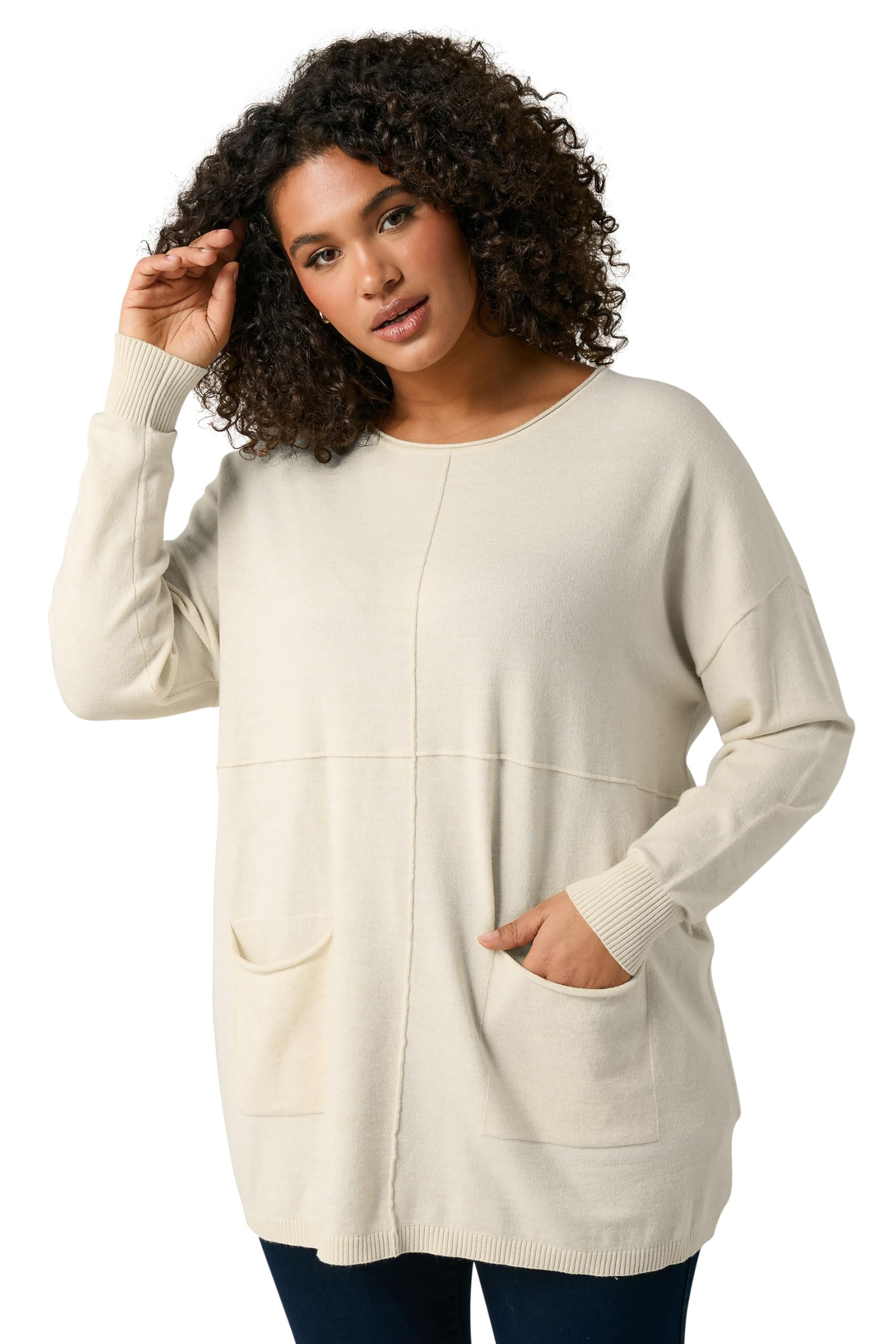 Evans Women's Cream Plus Pocket Front Knitted Jumper Size 26-28