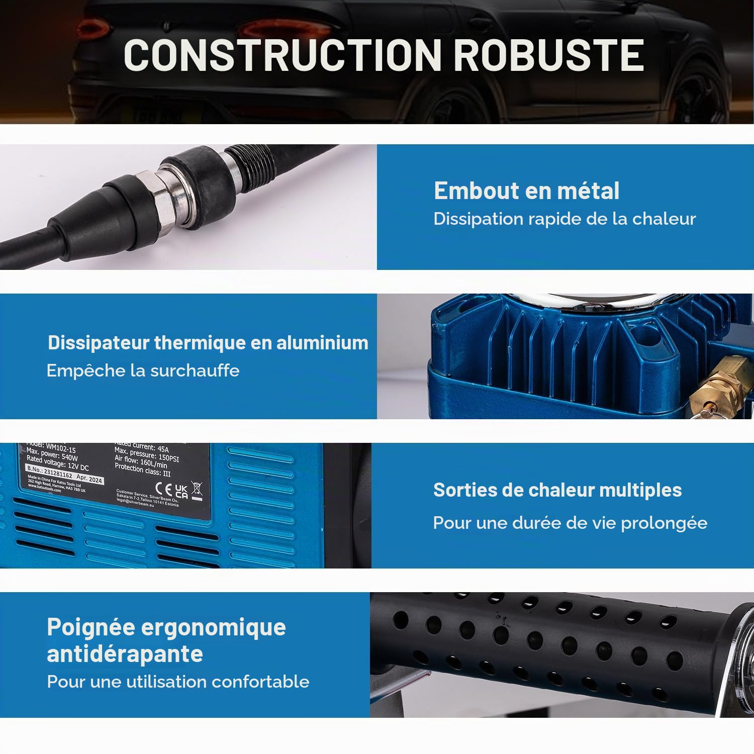 KATSU Tools Professionnel Gonfleur de Pneu 150 PSI 12V 45Amp Grand Volume Portable Compresseur d'air Voiture Pompe à Pneu pour 4WD Auto Car Van Trucks Gonflables