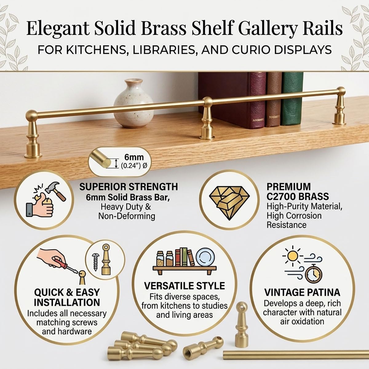 Generico Eleganti binari in Ottone per mensole da 24, 36, 48 e 78 Pollici - Accessori Decorativi Lunghi per casa, Ufficio e Negozi, Supporto Elegante per mensole a Parete