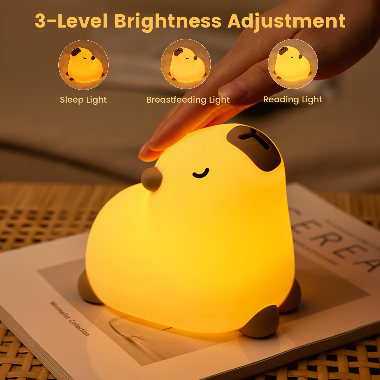yokye Capybara Night Light, Cute LED Silicone Squishy Lamp, USB Rechargeable & 3-Level Dimmable - Image 2