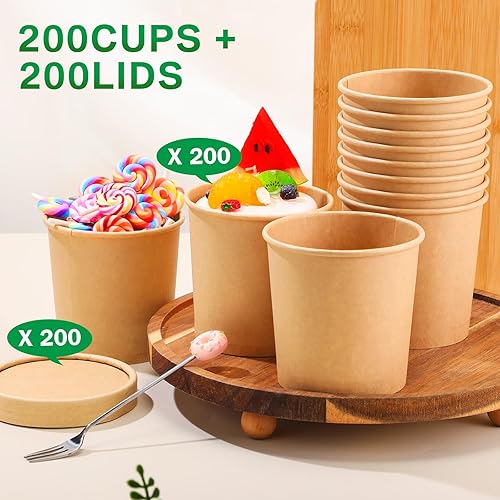 Miniatura 3 de Irenare Paquete de 200 recipientes desechables de 12 onzas con tapas para sopa, helado, alimentos, frutas, tazones de papel a granel con tapas para