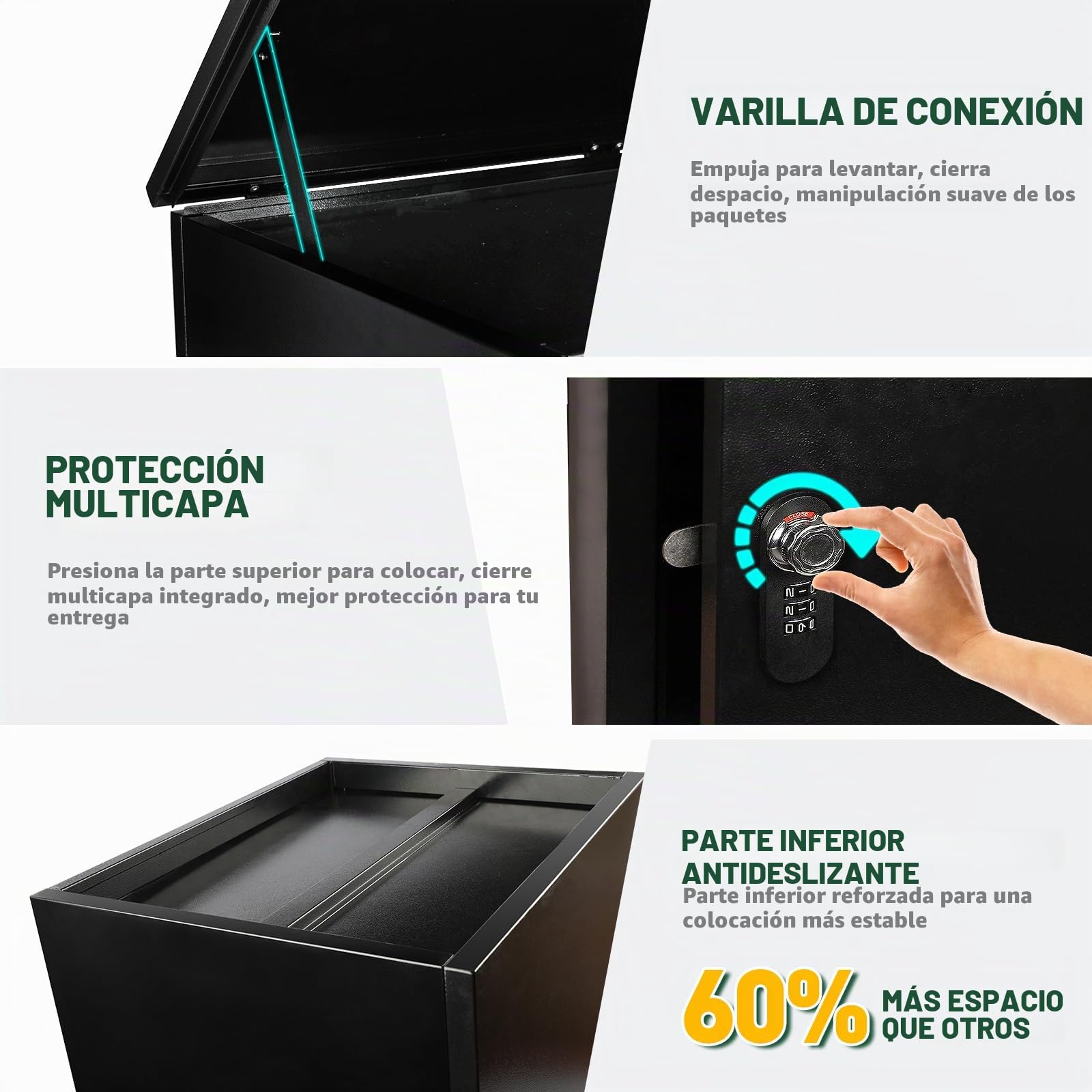 Buzón para exteriores con cerradura de combinación, acero inoxidable con recubrimiento en polvo con función antirrobo impermeable (53 x 42 x 130 cm)