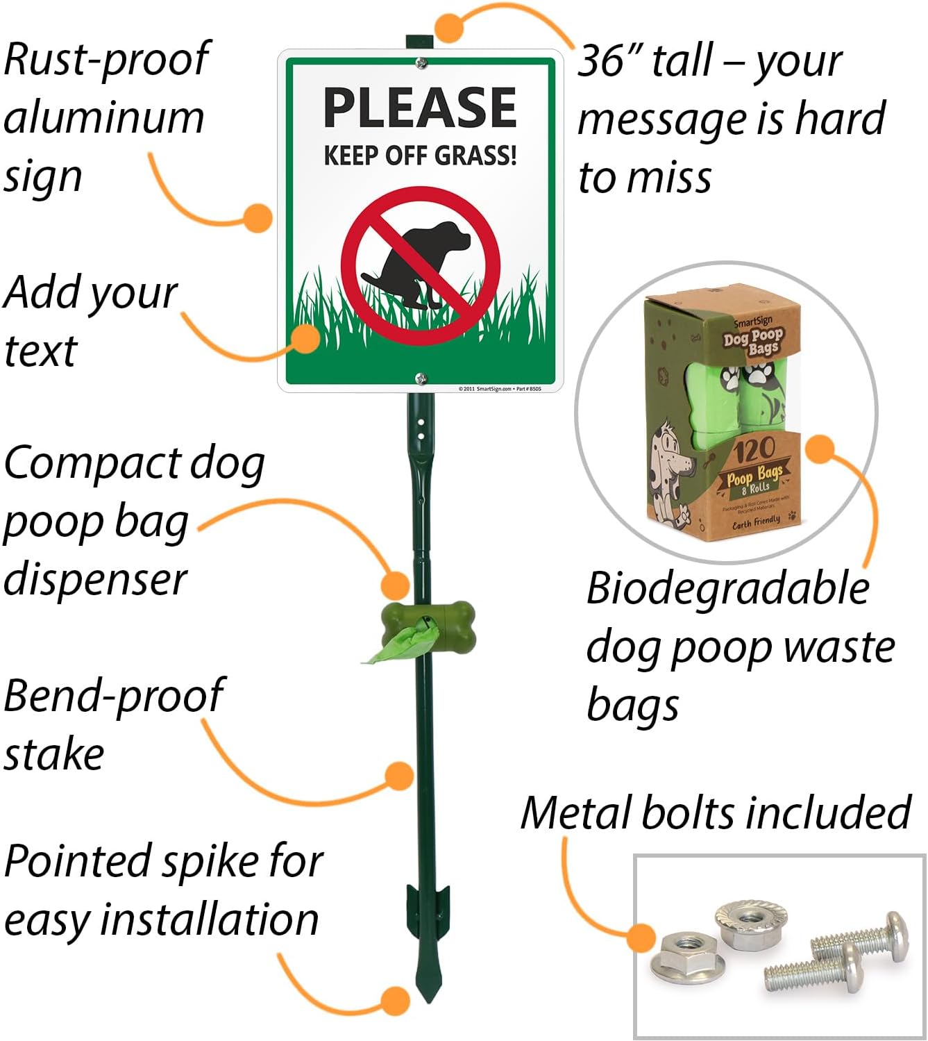 SmartSign Please Keep Off Grass! Yard Sign & Clip-On Preloaded Dispenser Combo/Kit with 135 Dog Poop Waste Bags, 10"x12" Rust-proof Aluminum Sign with 3ft Steel Stake