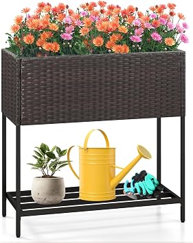 HAPPYGRILL Raised Garden Bed, Rattan Planter Raised Bed with Legs, Bottom Storage Shelf, Removable Liner, Drainage System, Wicker Elevated Planter Box w/Legs for Vegetables Flowers 28 x12 x 28