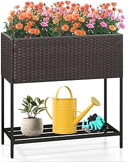 HAPPYGRILL Raised Garden Bed, Rattan Planter Raised Bed with Legs, Botto...