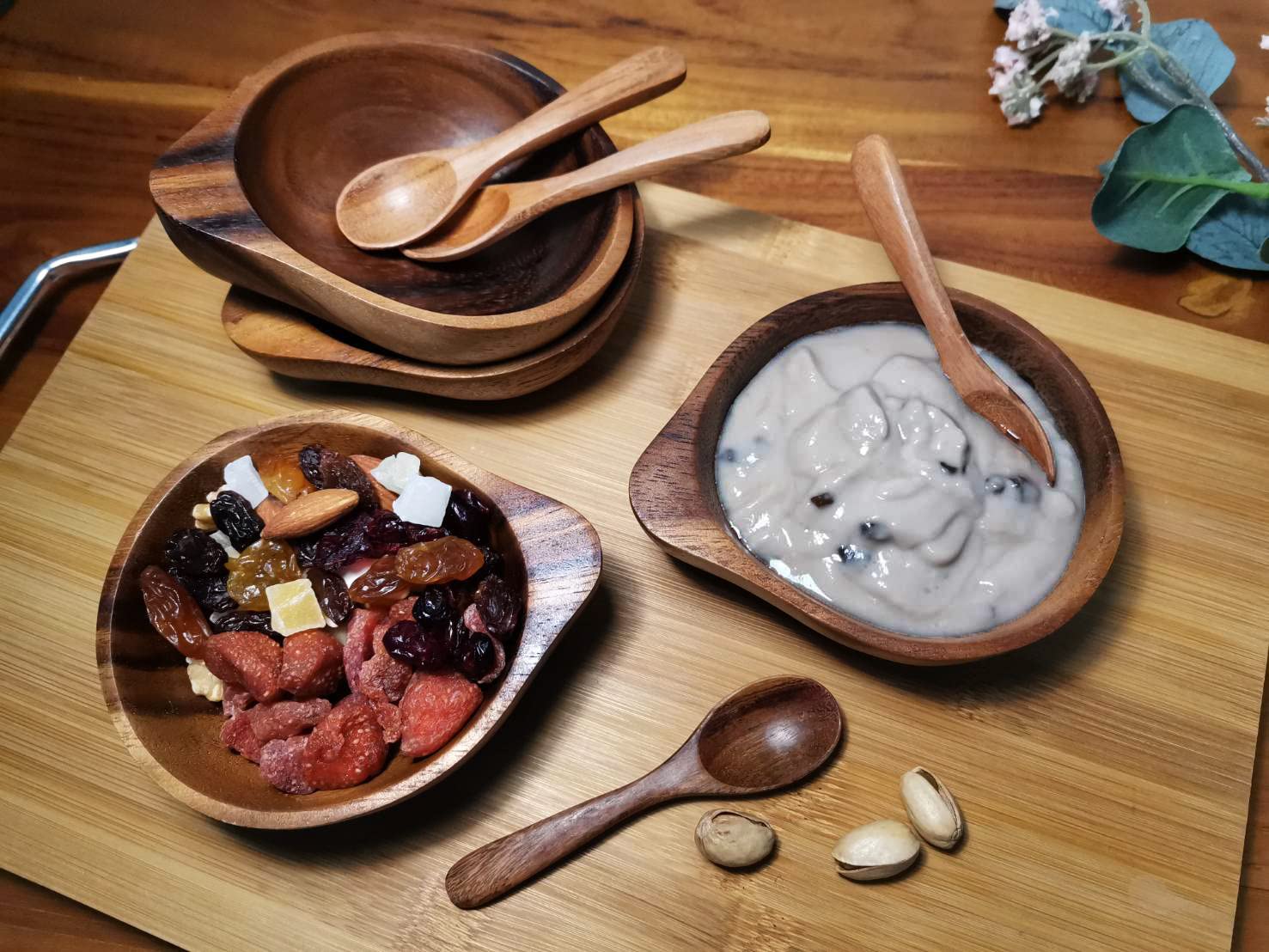 MINI BOLS RONDS En Bois D'acacia - Lot De 4, 3,75" Pour Condiments Et Collations EUR 27,65 - FR