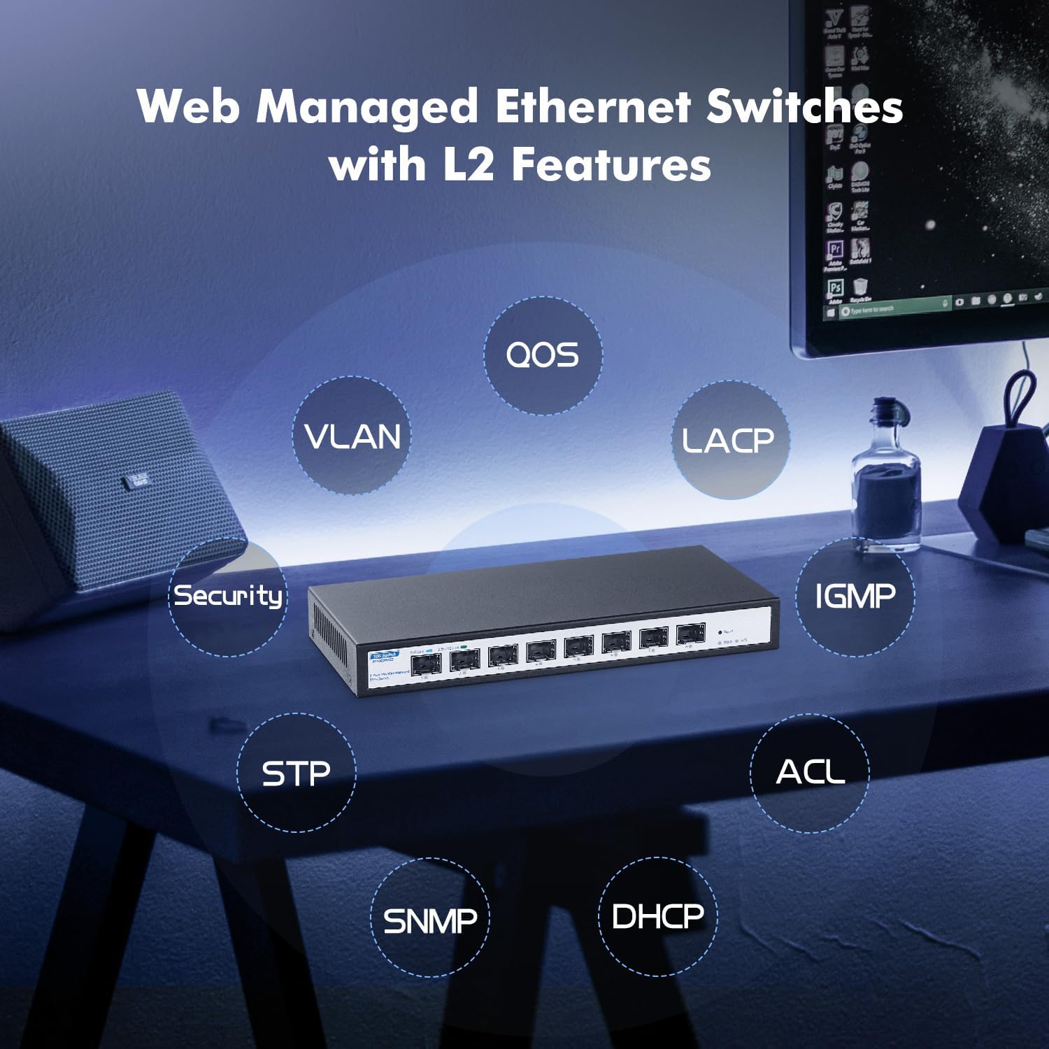 8 Port 10Gbps SFP+ Managed Switch, Support 1G/2.5G/10G SFP Module, 160Gbps Bandwidth, Desktop|Wallmount Metal Fanless, YuLinca Managed Fiber Switch