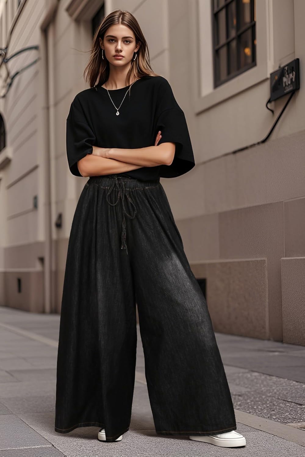 UQJE Women's Wide Leg Baggy Jeans Plus Size Loose Elastic Waist Denim Pants with Deep Pockets Light Blue - Image 4