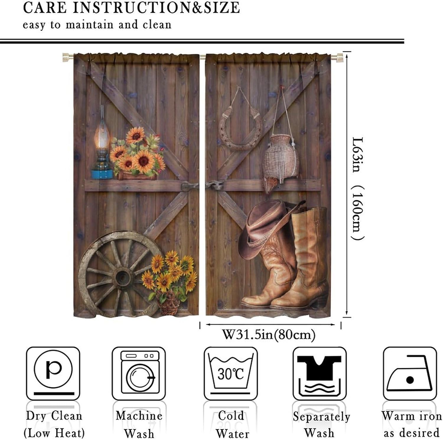 Brebasf Western Wooden Barn Blackout Curtains Rustic Horseshoe Vintage Old Wooden Board Cowboy Boots Wheel Sunflower Window Thermal Insulated Darkening Rod Pocket Curtains for 2 Panels 63"L x 31.5"W