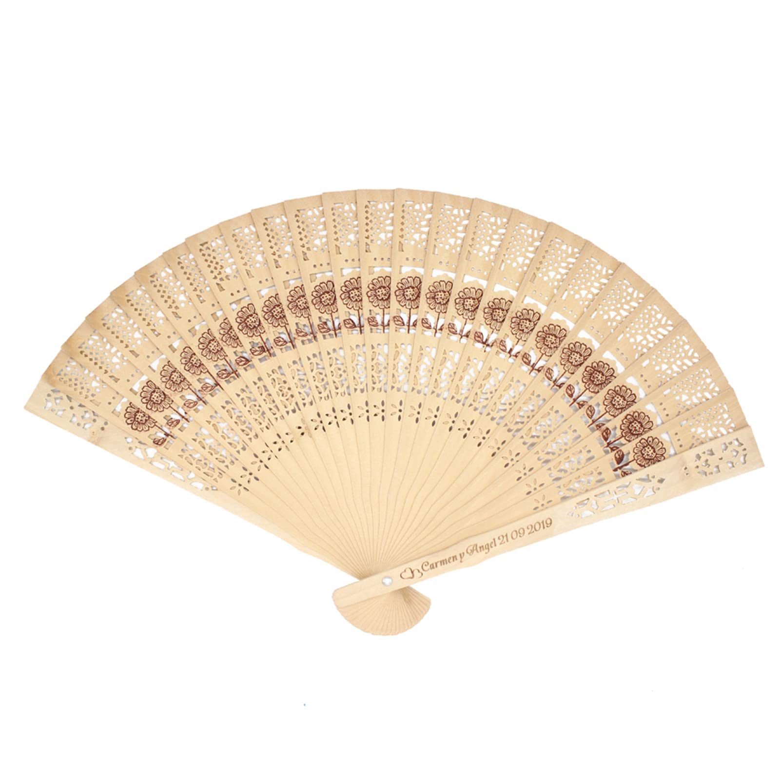 Éventail pliable en bois gravé personnalisé contre la chaleur estivale des cérémonies de mariage
